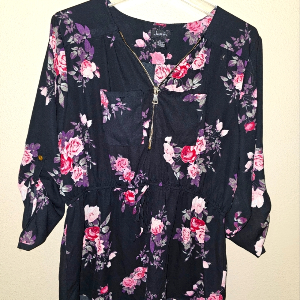 Justify Blue Casual Sundress with V-Neck and Bishop Sleeves